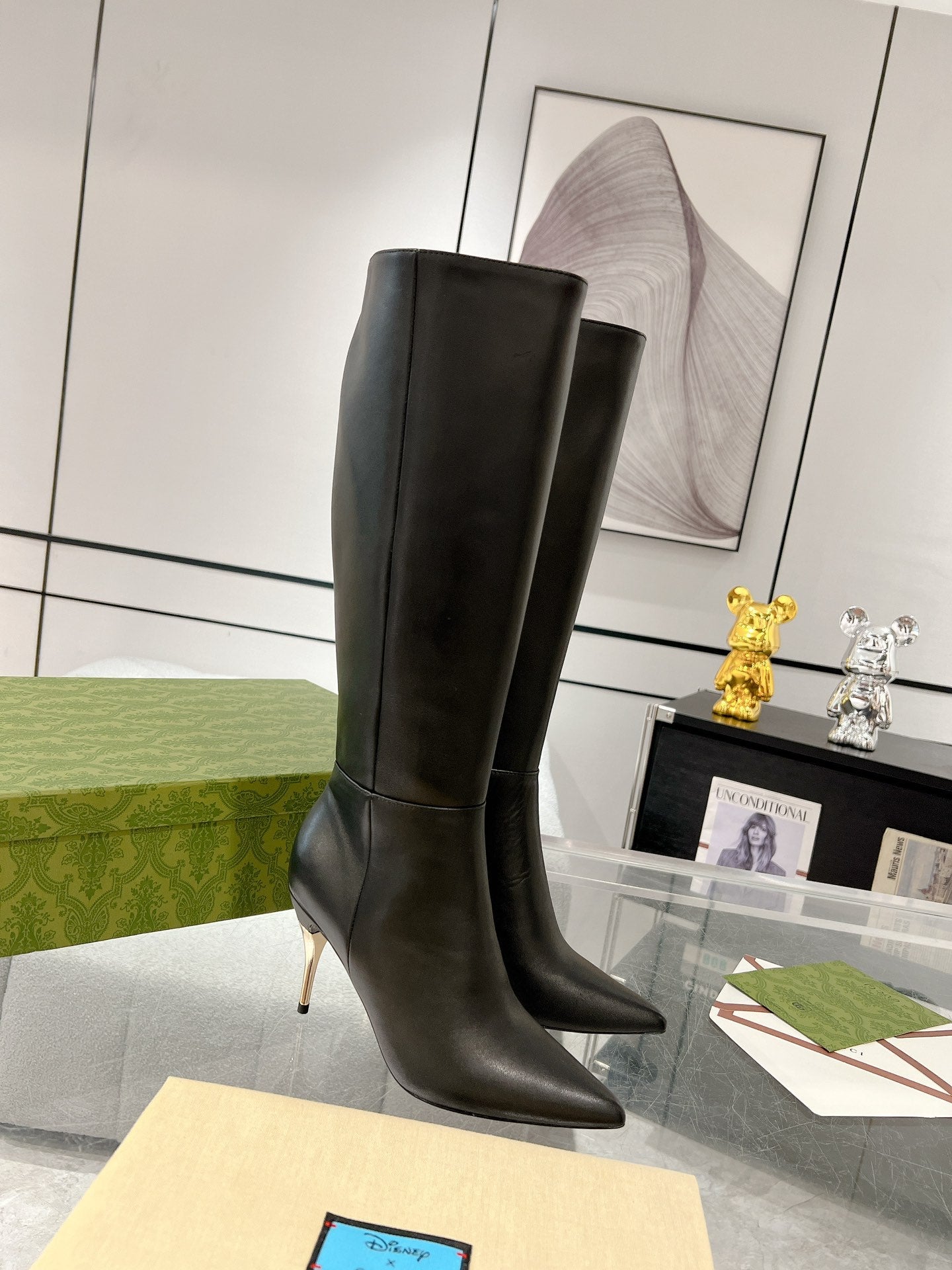 GG KNEE BOOTS IN BLACK CALFSKIN WITH GOLD PLATED HEEL