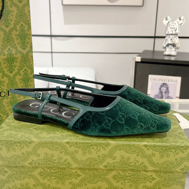 SLINGBACK FLATS IN GREEN FOREST VELVET