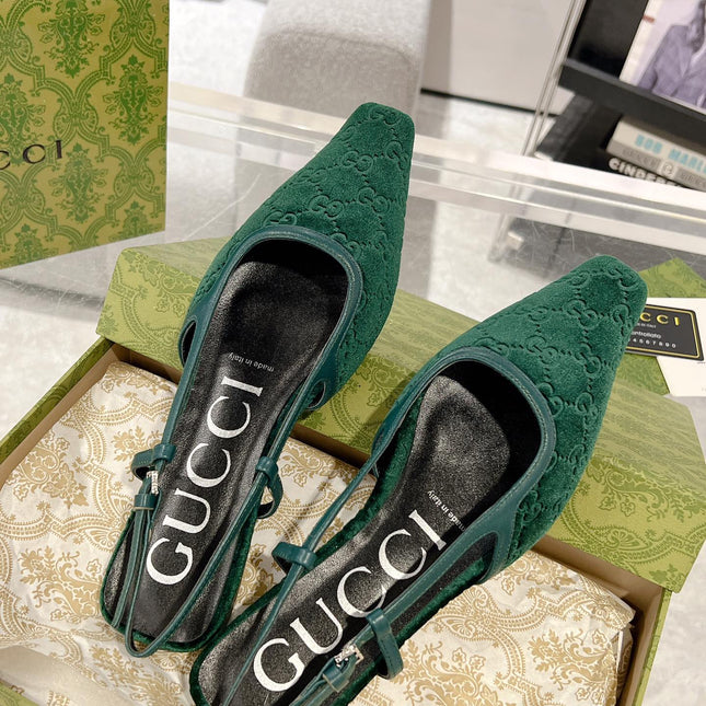 SLINGBACK FLATS IN GREEN FOREST VELVET