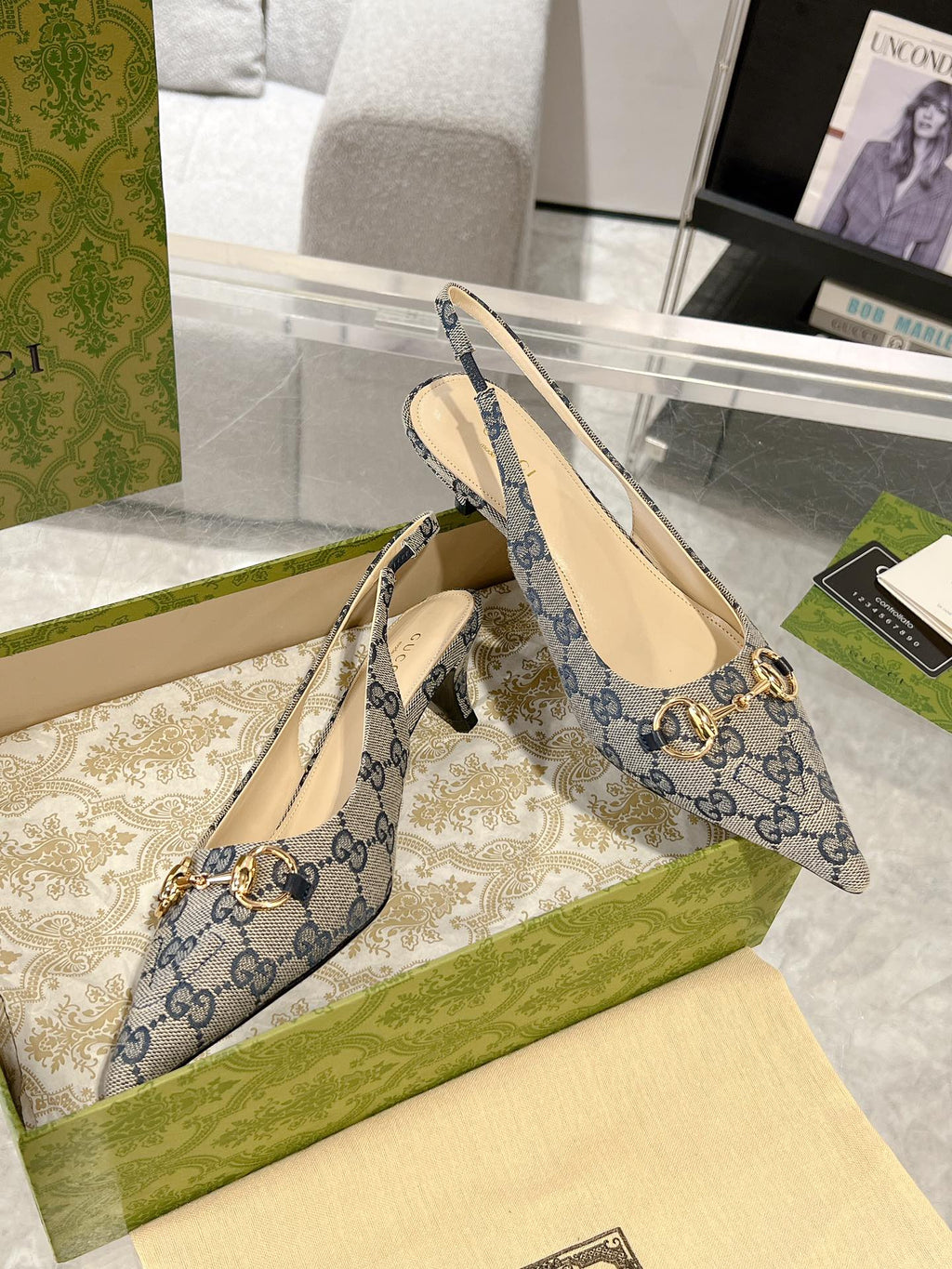 GG MID-HEELED SLINGBACK 4.5 CM IN PALE GRAY CANVAS