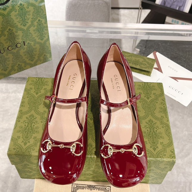 HORSEBIT MARY JANE HEEL IN CRIMSON RED CALFSKIN GOLD HARDWARE