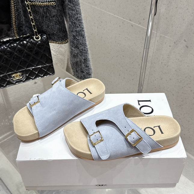 LOEWE 26S EASE SLIDE IN PASTEL BLUE SUEDE