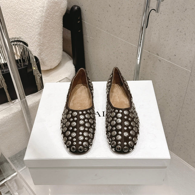 CELINE 26S FLAT SHOES IN DARK BROWN SUEDE WITH METAL STUDS