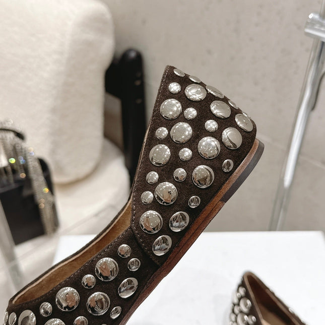 CELINE 26S FLAT SHOES IN DARK BROWN SUEDE WITH METAL STUDS