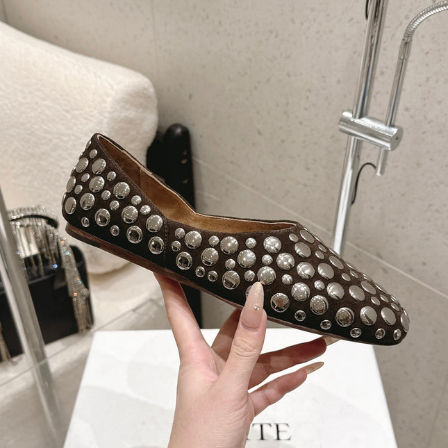 CELINE 26S FLAT SHOES IN DARK BROWN SUEDE WITH METAL STUDS