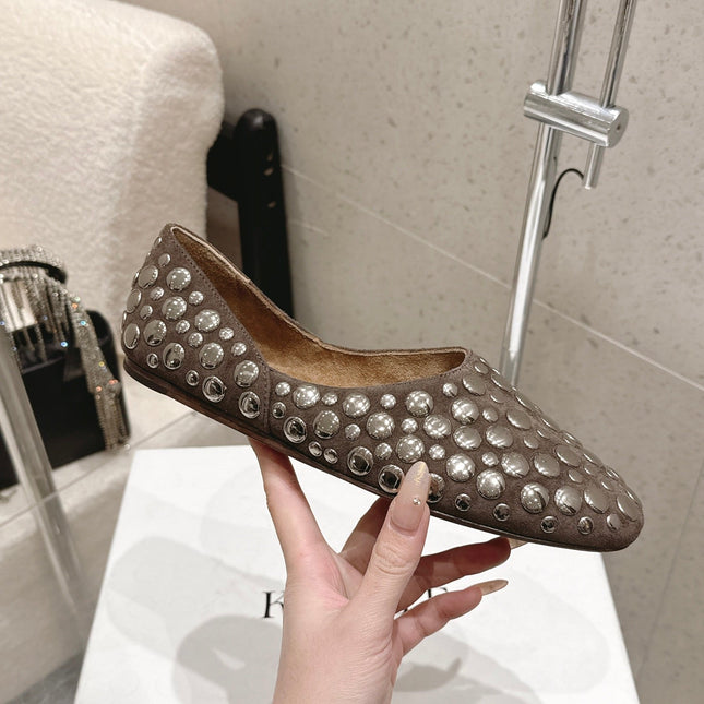 CELINE 26S FLAT SHOES IN TOFFEE BROWN SUEDE WITH METAL STUDS