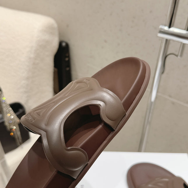 CELINE 26S TRIOMPHE SLIDES IN DARK BROWN CALFSKIN