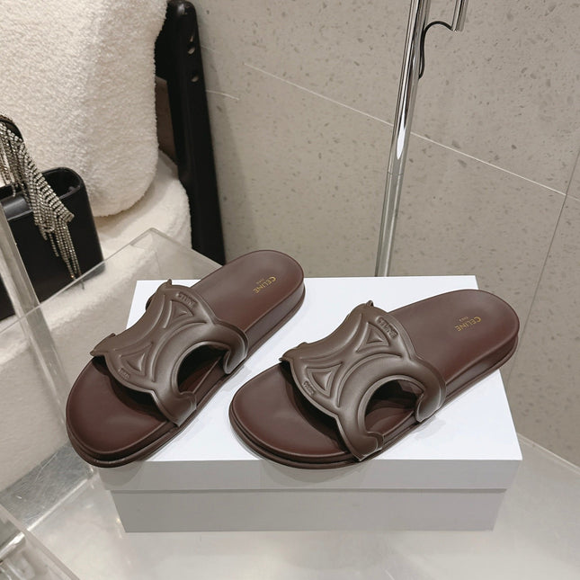 CELINE 26S TRIOMPHE SLIDES IN DARK BROWN CALFSKIN