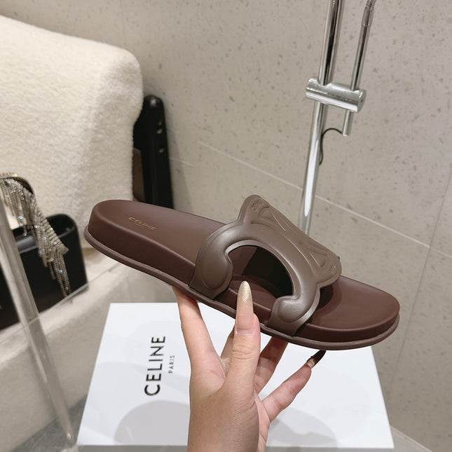 CELINE 26S TRIOMPHE SLIDES IN DARK BROWN CALFSKIN