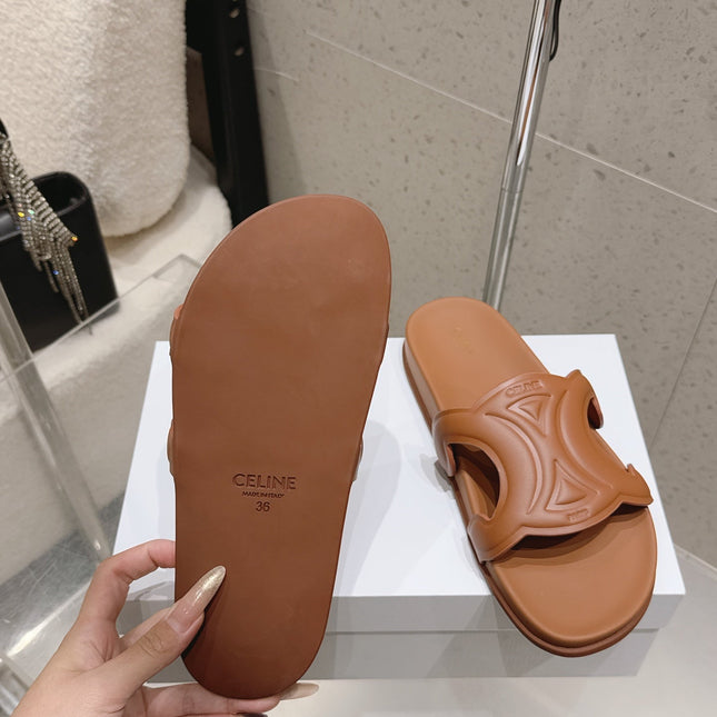 CELINE 26S TRIOMPHE SLIDES IN BROWN CALFSKIN