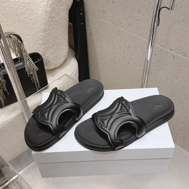 CELINE 26S TRIOMPHE SLIDES IN BLACK CALFSKIN