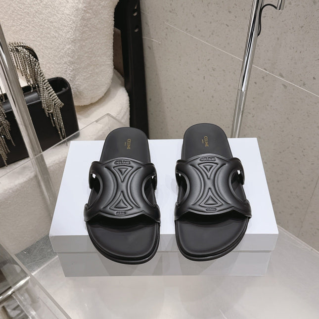 CELINE 26S TRIOMPHE SLIDES IN BLACK CALFSKIN