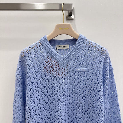 MIUMIU 26S V-NECK OPENWORK KNIT SWEATER 1299