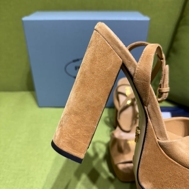 PRADA 25S HIGH-HEEL SANDALS 140 MM IN CARAMEL BROWN SUEDE STYLE 6