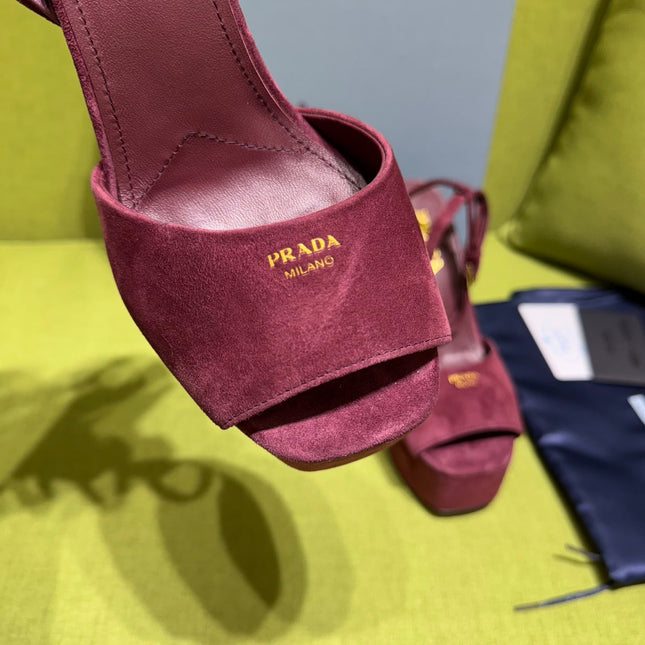 PRADA 25S HIGH-HEEL SANDALS 140 MM IN DEEP WINE RED SUEDE STYLE 5