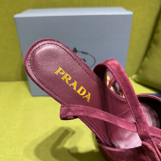 PRADA 25S HIGH-HEEL SANDALS 140 MM IN DEEP WINE RED SUEDE STYLE 5