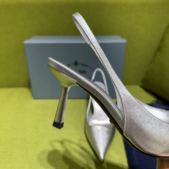 PRADA 25S SLINGBACK HIGH HEELS 75 MM IN SILVER SHEEPSKIN