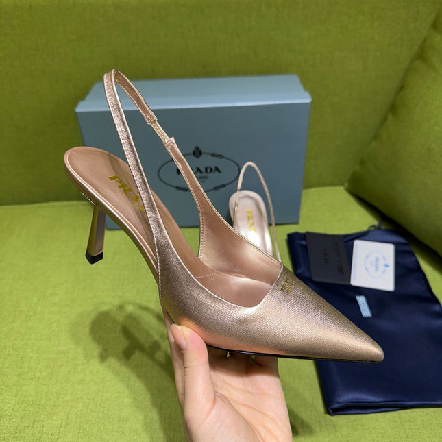 PRADA 25S SLINGBACK HIGH HEELS 75 MM IN ROSE GOLD SHEEPSKIN
