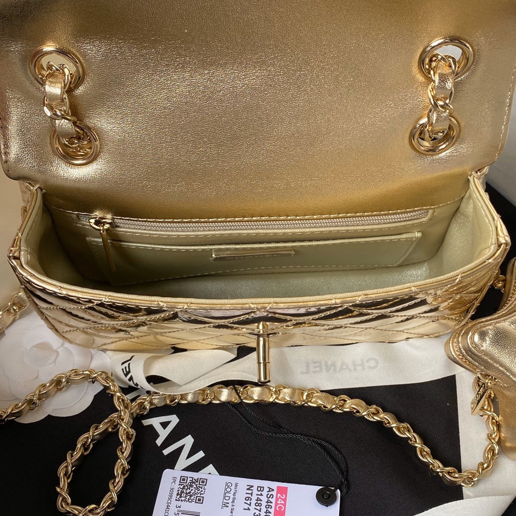 CC MINI 19 FLAP BAG IN GOLDEN METALLIC CALFSKIN WITH STRAP