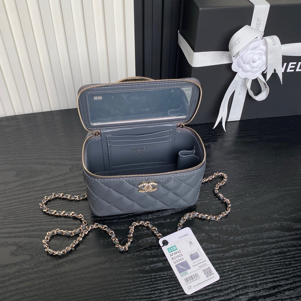 CHANEL 25S VANITY CASE 17 IN BLUE GRAY LAMBSKIN GOLD HARDWARE