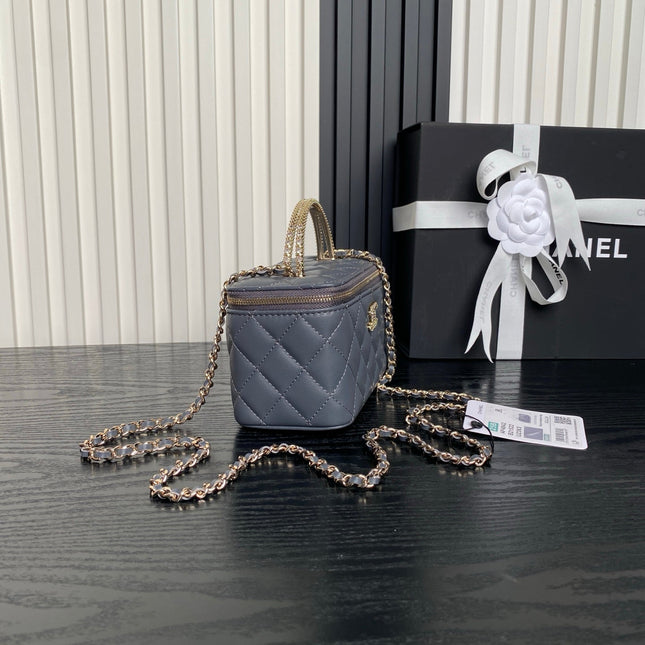 CHANEL 25S VANITY CASE 17 IN BLUE GRAY LAMBSKIN GOLD HARDWARE
