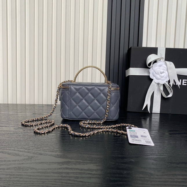 CHANEL 25S VANITY CASE 17 IN BLUE GRAY LAMBSKIN GOLD HARDWARE