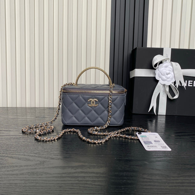 CHANEL 25S VANITY CASE 17 IN BLUE GRAY LAMBSKIN GOLD HARDWARE