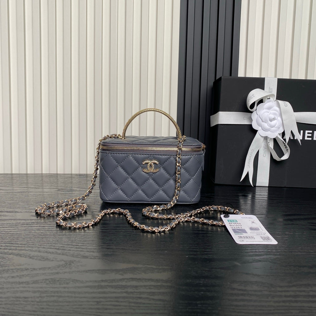 CHANEL 25S VANITY CASE 17 IN BLUE GRAY LAMBSKIN GOLD HARDWARE