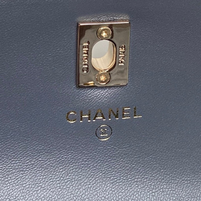 CHANEL 25S MINI FLAP BAG WITH TOP HANDLE 18 IN BLUE GRAY LAMBSKIN GOLD HARDWARE