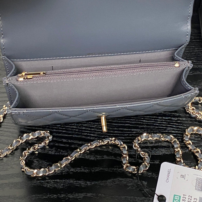 CHANEL 25S MINI FLAP BAG WITH TOP HANDLE 18 IN BLUE GRAY LAMBSKIN GOLD HARDWARE