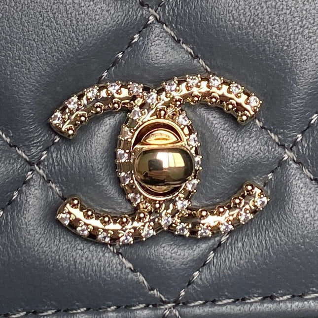 CHANEL 25S MINI FLAP BAG WITH TOP HANDLE 18 IN BLUE GRAY LAMBSKIN GOLD HARDWARE