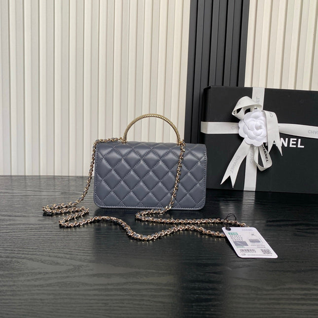 CHANEL 25S MINI FLAP BAG WITH TOP HANDLE 18 IN BLUE GRAY LAMBSKIN GOLD HARDWARE