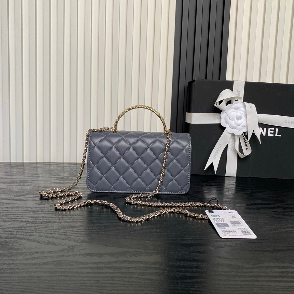 CHANEL 25S MINI FLAP BAG WITH TOP HANDLE 18 IN BLUE GRAY LAMBSKIN GOLD HARDWARE