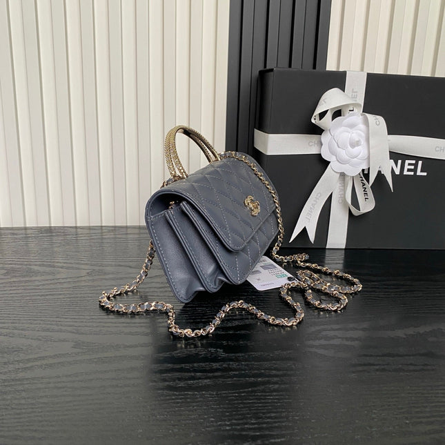 CHANEL 25S MINI FLAP BAG WITH TOP HANDLE 18 IN BLUE GRAY LAMBSKIN GOLD HARDWARE