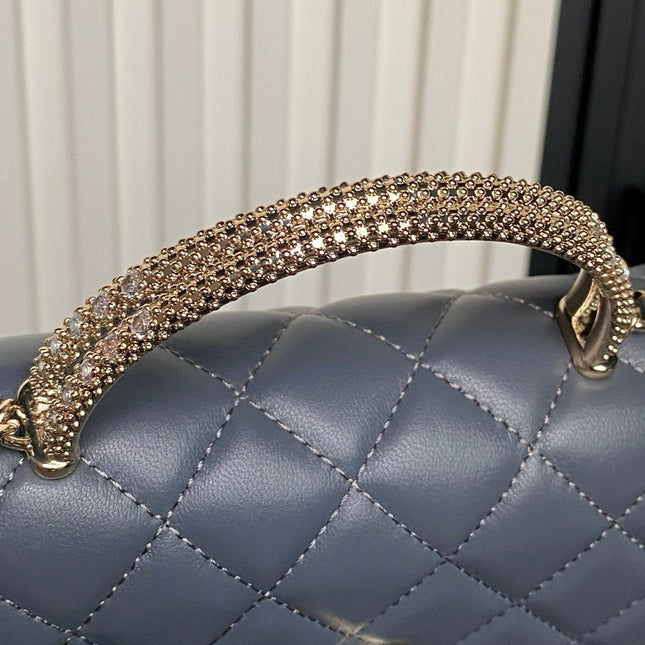 CHANEL 25S MINI FLAP BAG WITH TOP HANDLE 18 IN BLUE GRAY LAMBSKIN GOLD HARDWARE