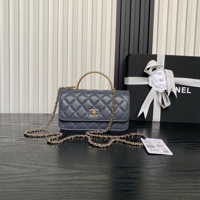 CHANEL 25S MINI FLAP BAG WITH TOP HANDLE 18 IN BLUE GRAY LAMBSKIN GOLD HARDWARE