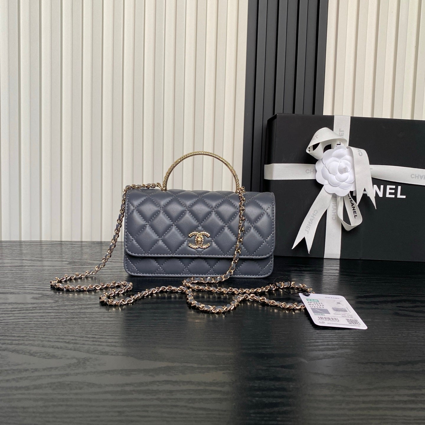 CHANEL 25S MINI FLAP BAG WITH TOP HANDLE 18 IN BLUE GRAY LAMBSKIN GOLD HARDWARE