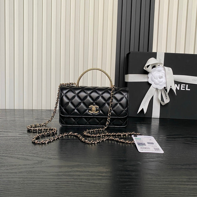 CHANEL 25S MINI FLAP BAG WITH TOP HANDLE 18 IN BLACK LAMBSKIN GOLD HARDWARE
