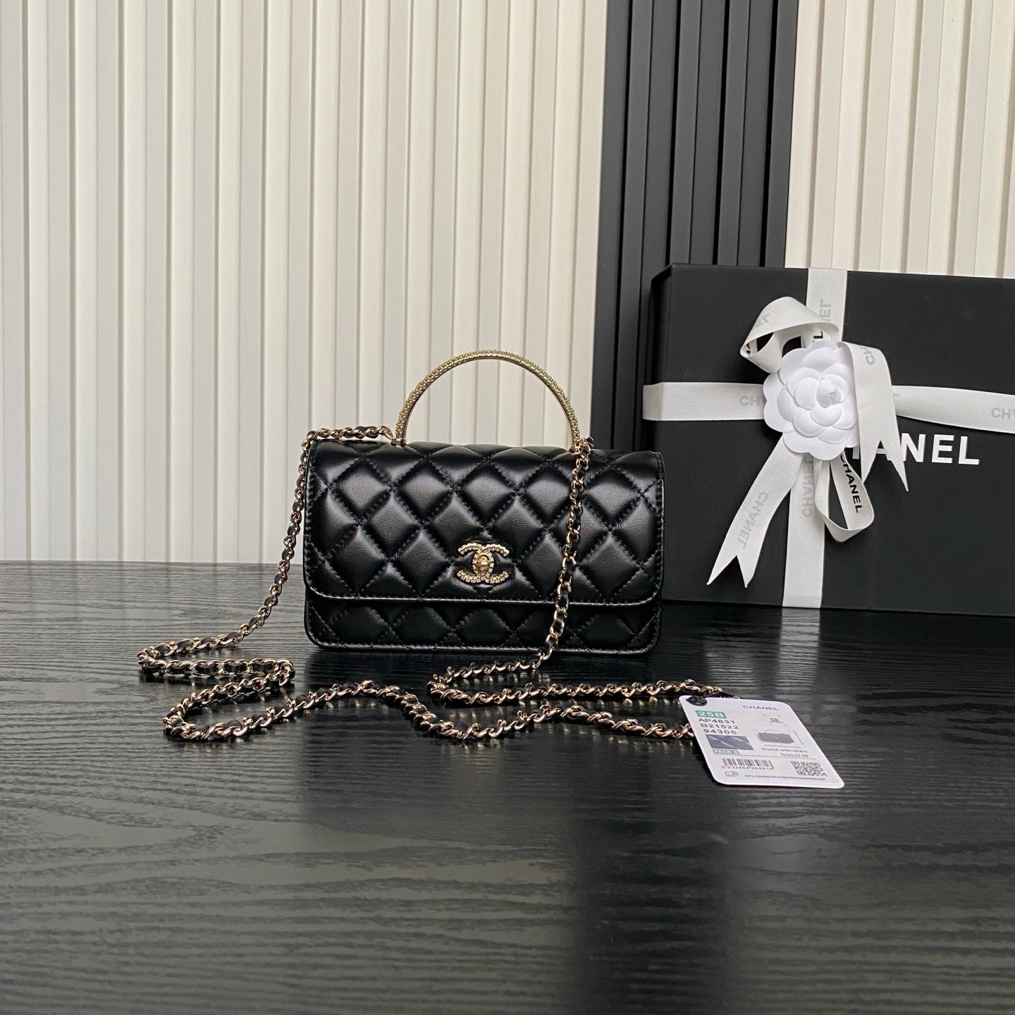 CHANEL 25S MINI FLAP BAG WITH TOP HANDLE 18 IN BLACK LAMBSKIN GOLD HARDWARE