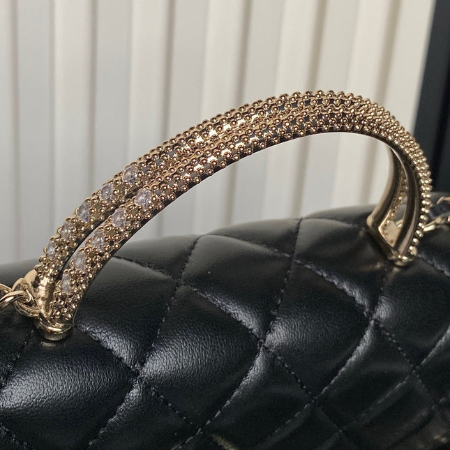 CHANEL 25S MINI FLAP BAG WITH TOP HANDLE 18 IN BLACK LAMBSKIN GOLD HARDWARE