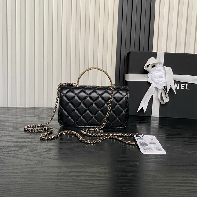 CHANEL 25S MINI FLAP BAG WITH TOP HANDLE 18 IN BLACK LAMBSKIN GOLD HARDWARE