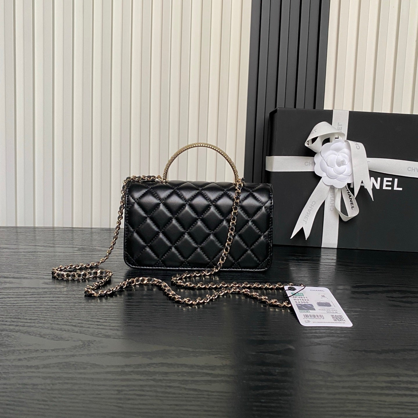 CHANEL 25S MINI FLAP BAG WITH TOP HANDLE 18 IN BLACK LAMBSKIN GOLD HARDWARE