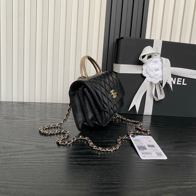 CHANEL 25S MINI FLAP BAG WITH TOP HANDLE 18 IN BLACK LAMBSKIN GOLD HARDWARE