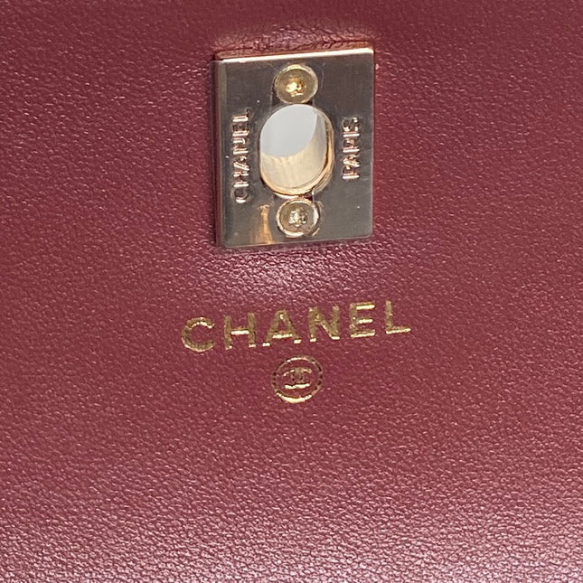 CHANEL 25S MINI FLAP BAG WITH TOP HANDLE 18 IN BURGUNDY LAMBSKIN GOLD HARDWARE