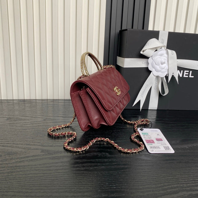 CHANEL 25S MINI FLAP BAG WITH TOP HANDLE 18 IN BURGUNDY LAMBSKIN GOLD HARDWARE