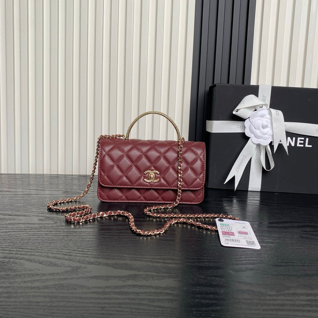 CHANEL 25S MINI FLAP BAG WITH TOP HANDLE 18 IN BURGUNDY LAMBSKIN GOLD HARDWARE
