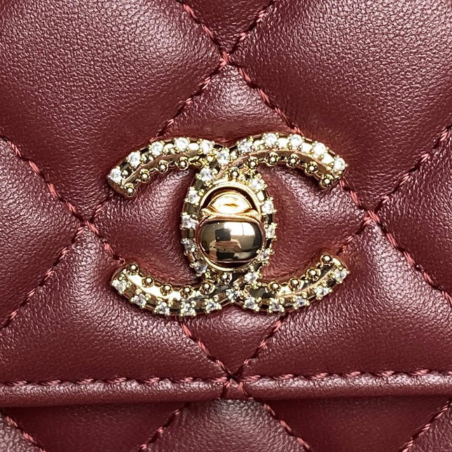 CHANEL 25S MINI FLAP BAG WITH TOP HANDLE 18 IN BURGUNDY LAMBSKIN GOLD HARDWARE