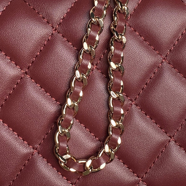 CHANEL 25S MINI FLAP BAG WITH TOP HANDLE 18 IN BURGUNDY LAMBSKIN GOLD HARDWARE
