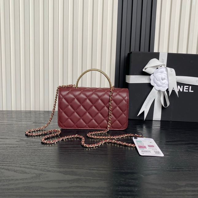 CHANEL 25S MINI FLAP BAG WITH TOP HANDLE 18 IN BURGUNDY LAMBSKIN GOLD HARDWARE