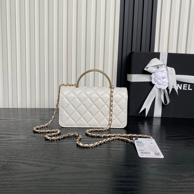 CHANEL 25S MINI FLAP BAG WITH TOP HANDLE 18 IN WHITE LAMBSKIN GOLD HARDWARE